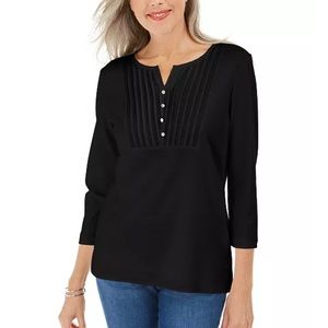Karen Scott 3/4-Sleeve Woven Bib Scoop Neck Top